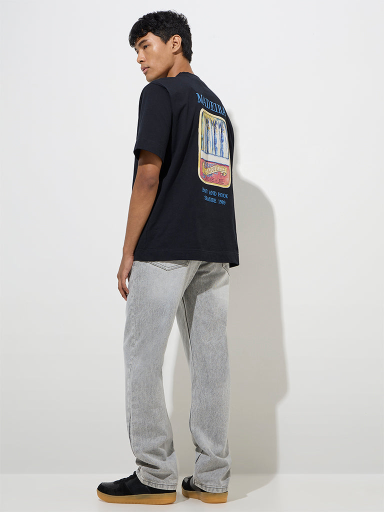 westisde Nuon Men's Grey Washed Relaxed-Fit Mid-Rise Jeans for Casual Wear Back View