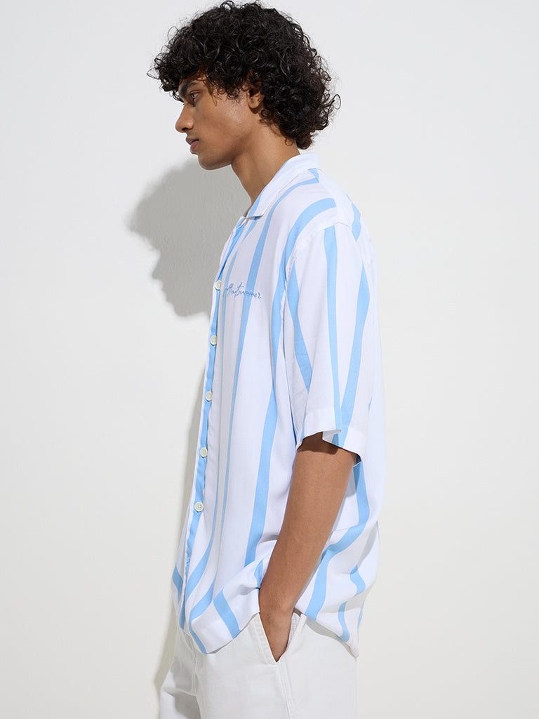 Nuon Blue Stripe Printed Relaxed-Fit Cotton-Blend Shirt