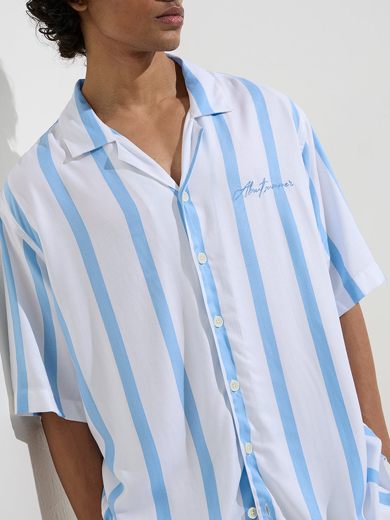 Nuon Blue Stripe Printed Relaxed-Fit Cotton-Blend Shirt