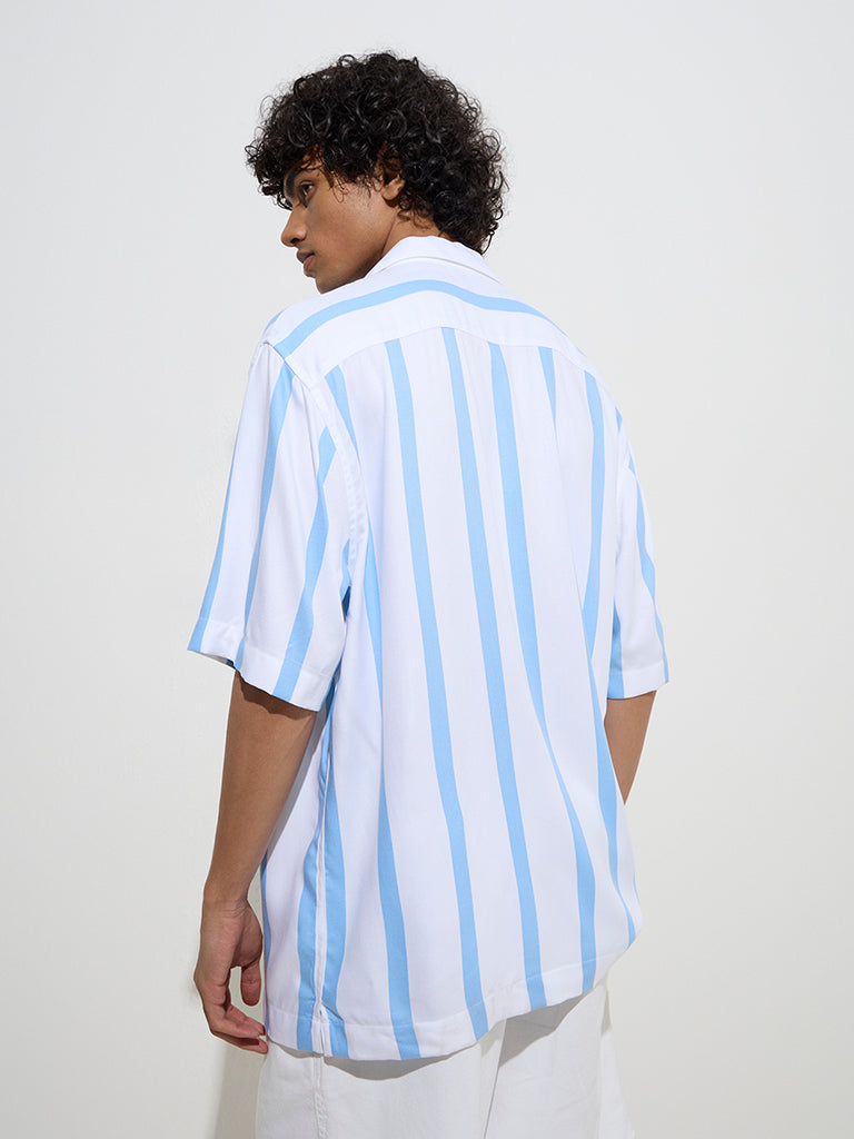 westisde Nuon Men's Blue Stripe Printed Relaxed-Fit Cotton-Blend Shirt for Casual Wear Back View