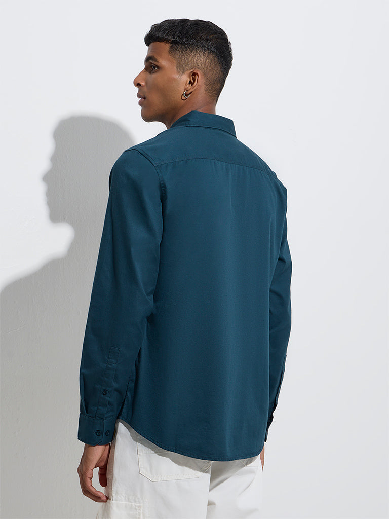 Westside Nuon Men's Teal Solid Slim-Fit Cotton Shirt for Casual Wear Back View