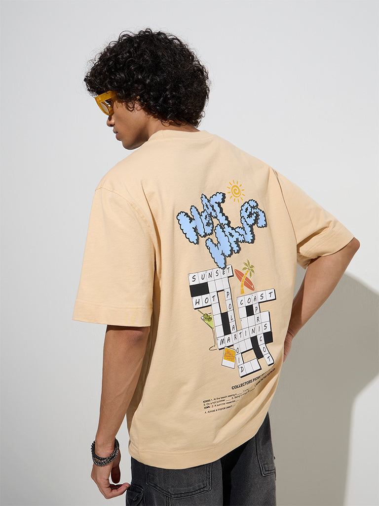 westisde Nuon Men's Peach Printed Relaxed-Fit Cotton T-Shirt for Casual Wear Back View