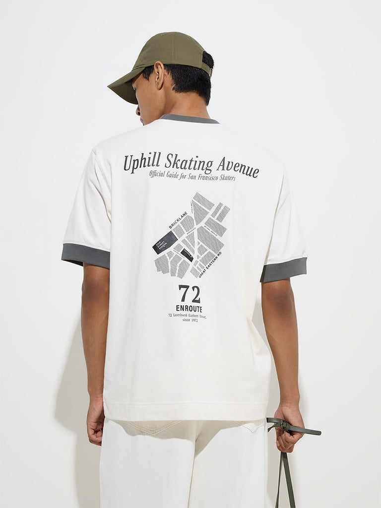 westisde Nuon Men's Off-White Text Design Relaxed-Fit Cotton T-Shirt for Casual Wear Back View
