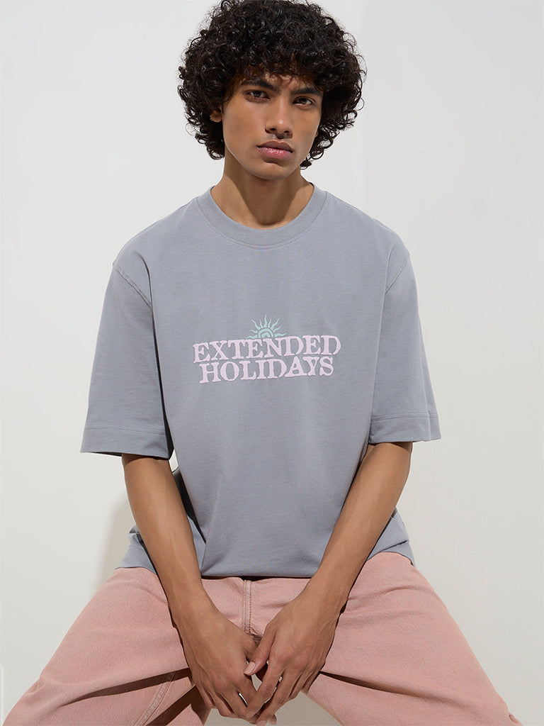 westisde Nuon Men's Grey Printed Relaxed-Fit Cotton T-Shirt for Casual Wear Front View