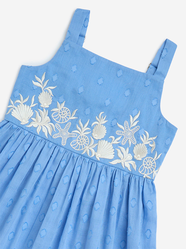 Utsa Kids Blue Embroidered Cotton A-Line Dress - (2-8yrs)
