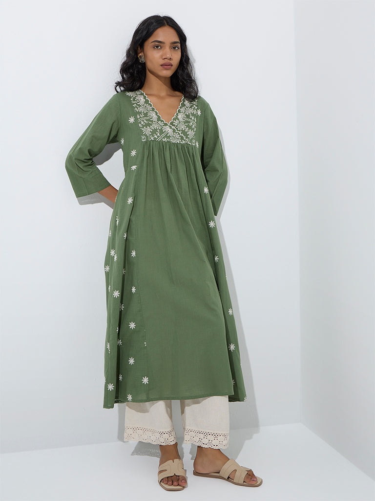 Utsa Sage Embroidered A-line Cotton Kurta