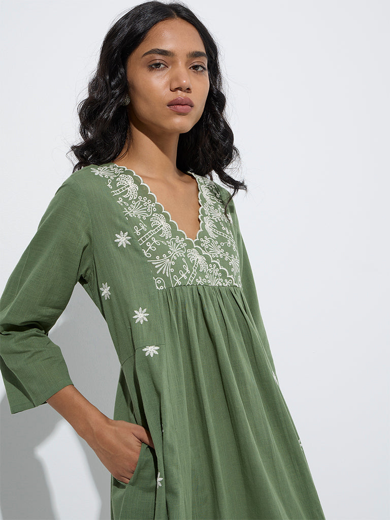 Utsa Sage Embroidered A-line Cotton Kurta