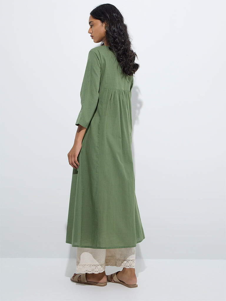 Utsa Sage Embroidered A-line Cotton Kurta