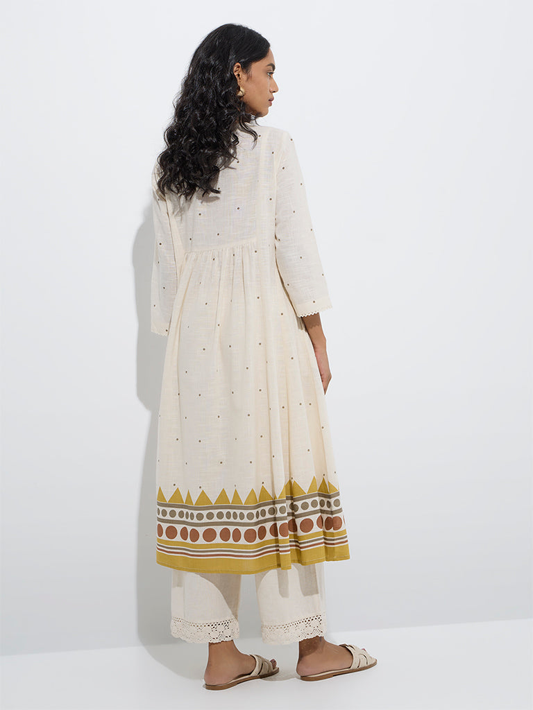 westisde Utsa Women's Off-White Geometric Print A-Line Cotton Kurta for Work Wear Back View