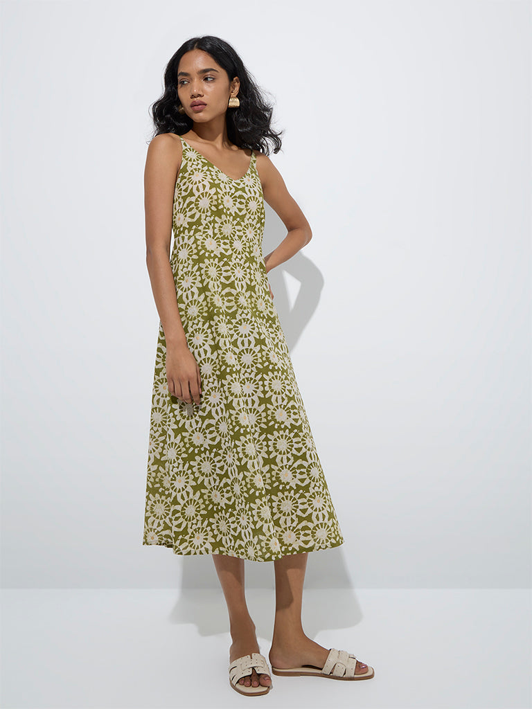 westisde Utsa Women's Green Printed A-Line Cotton Dress for Work Wear Front View