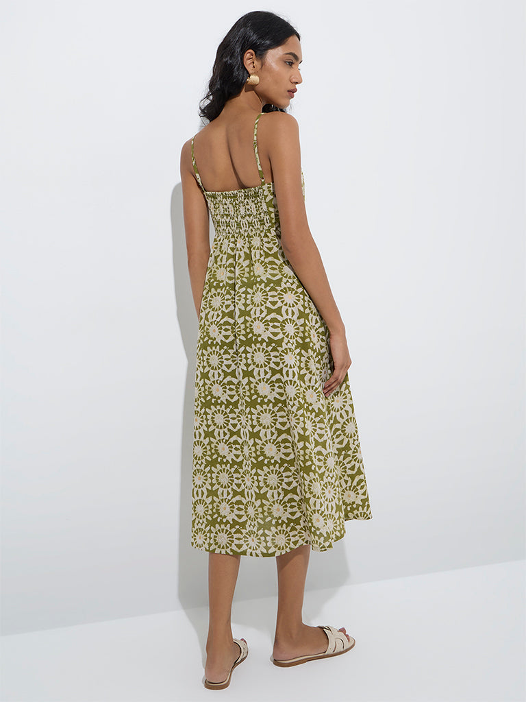 westisde Utsa Women's Green Printed A-Line Cotton Dress for Work Wear Back View