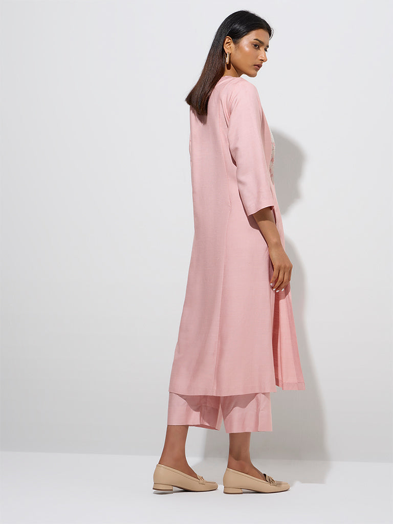 westisde Zuba Women's Peach Embroidered A-Line Kurta for Work Wear Back View