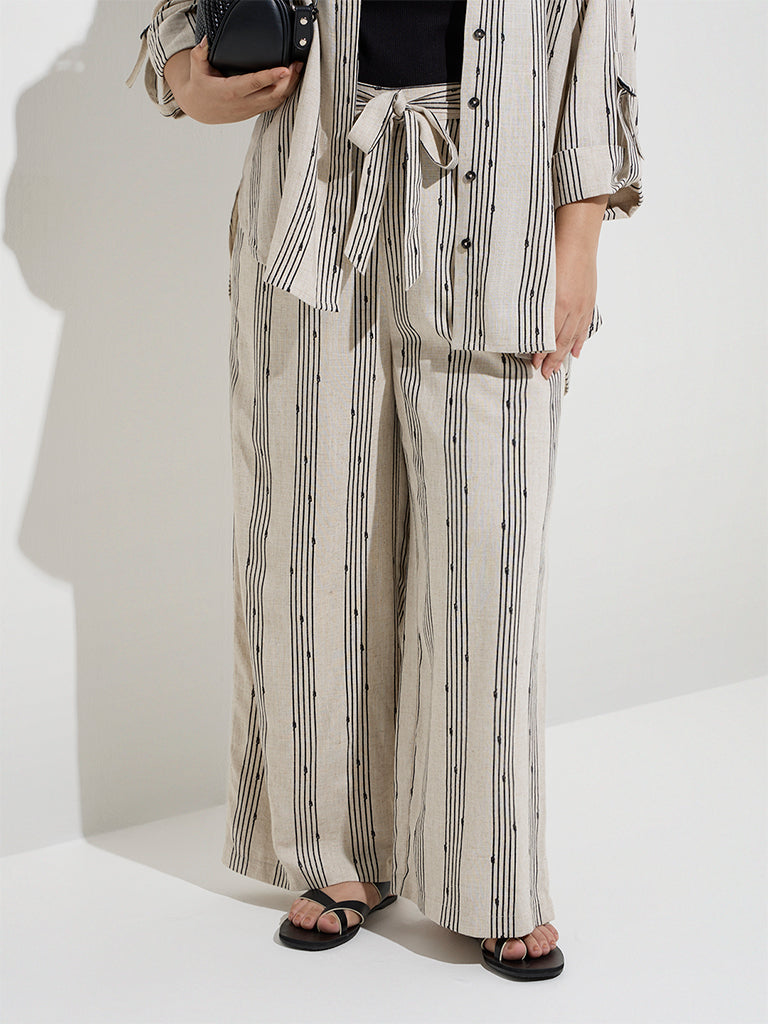 Gia Beige Stripe Printed High-Rise Cotton-Blend Trousers