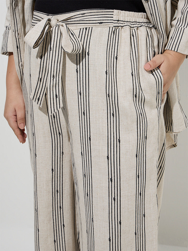 Gia Beige Stripe Printed High-Rise Cotton-Blend Trousers