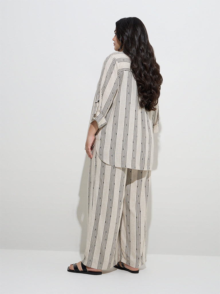 Gia Beige Stripe Printed High-Rise Cotton-Blend Trousers