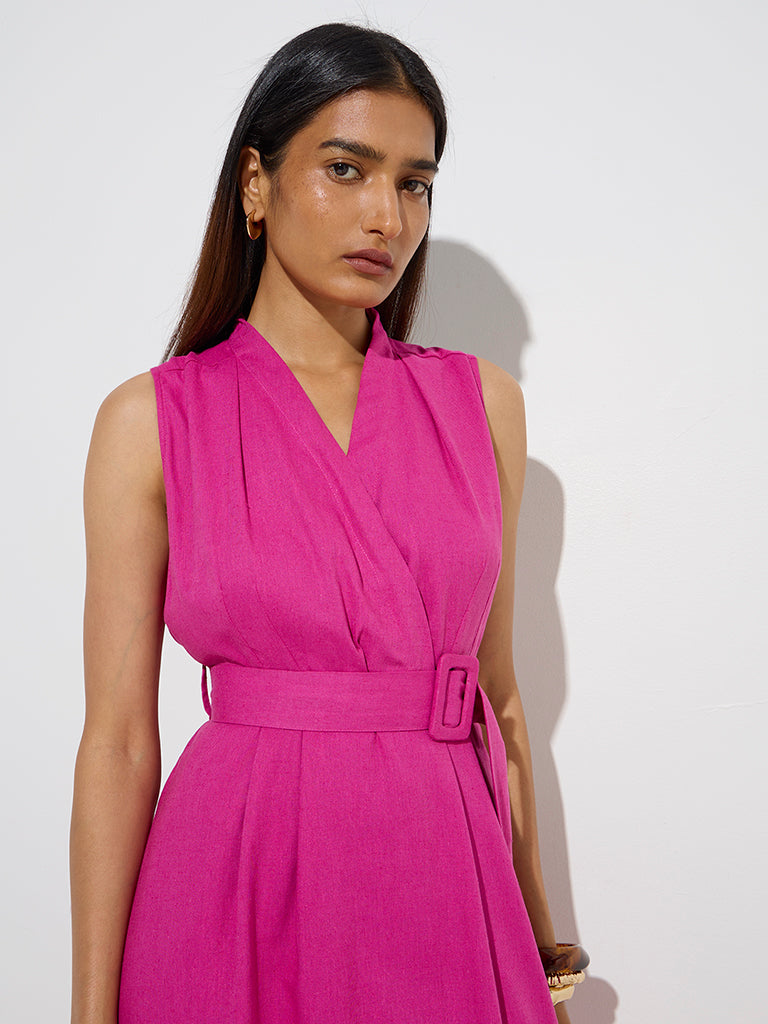 Wardrobe Magenta Solid A-Line Dress with Belt