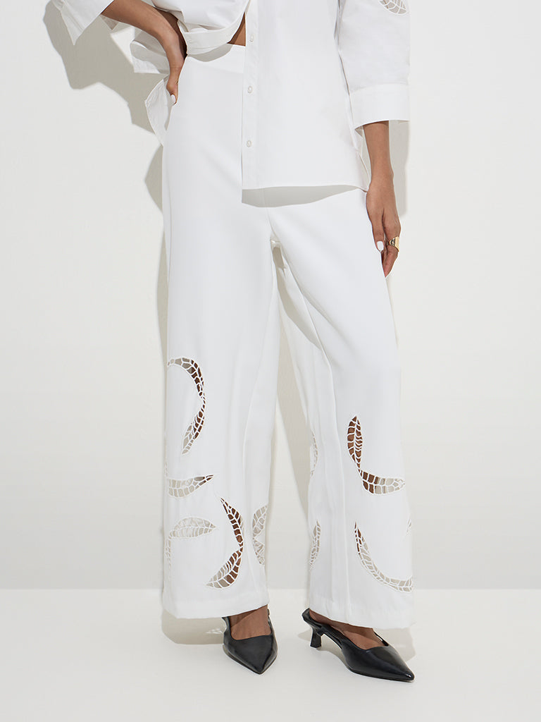 Wardrobe White Leaf Design High-Rise Trousers
