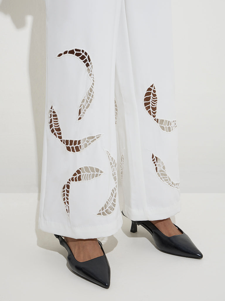 Wardrobe White Leaf Design High-Rise Trousers