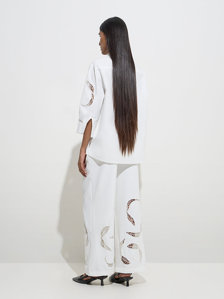 Wardrobe White Leaf Design High-Rise Trousers