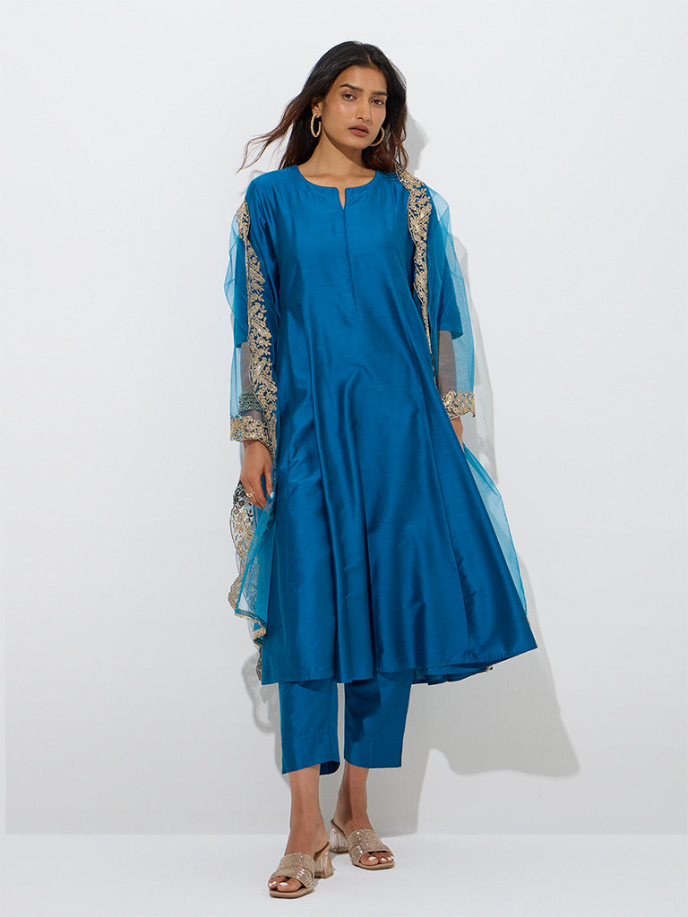 westisde Vark Women's Dark Blue A-Line Kurta, Ethnic Pants and Dupatta Set for Festive Wear Full Model View