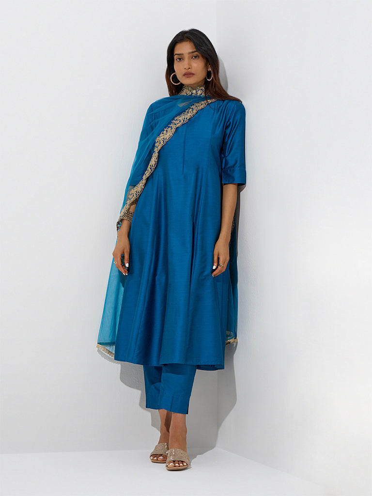 westisde Vark Women's Dark Blue A-Line Kurta, Ethnic Pants and Dupatta Set for Festive Wear Front View