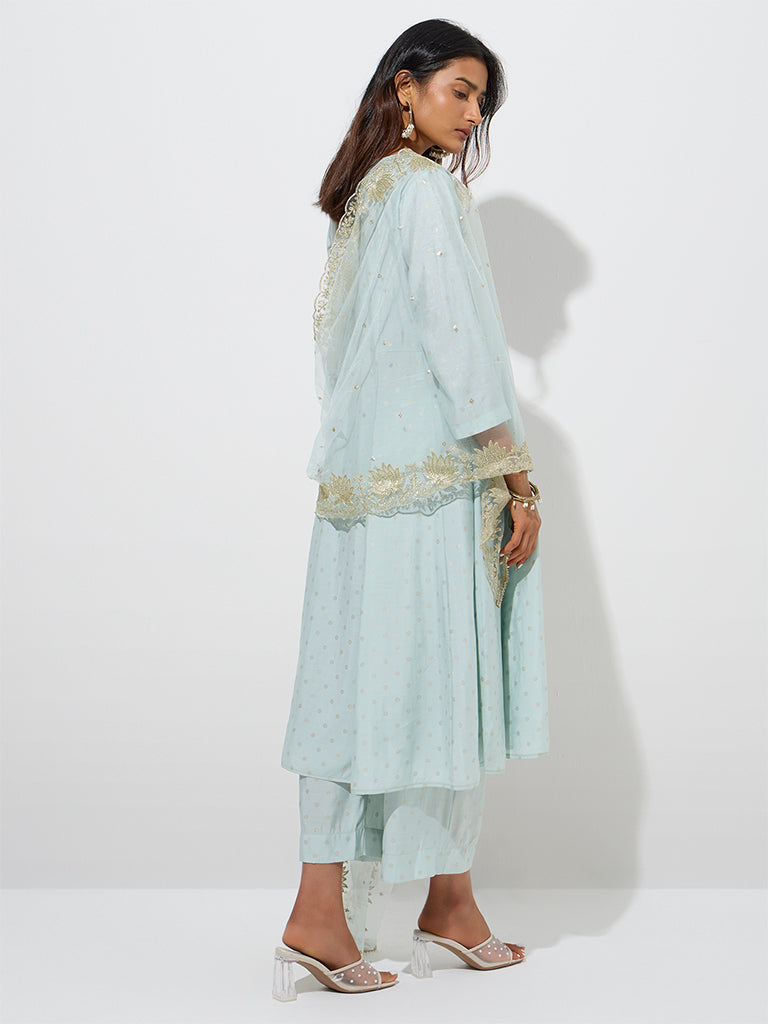 westisde Vark Women's Mint Printed A-Line Kurta, Palazzos and Dupatta Set for Festive Wear Back View