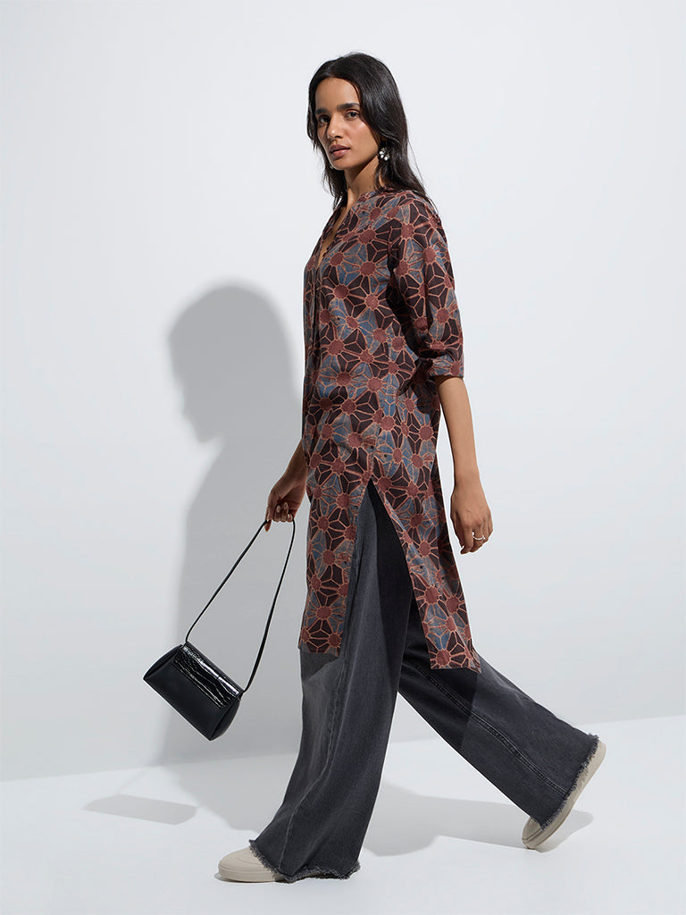 Utsa Rust Floral Printed Straight Cotton Kurta