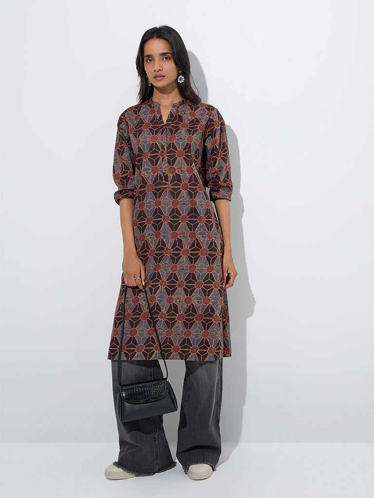 Utsa Rust Floral Printed Straight Cotton Kurta