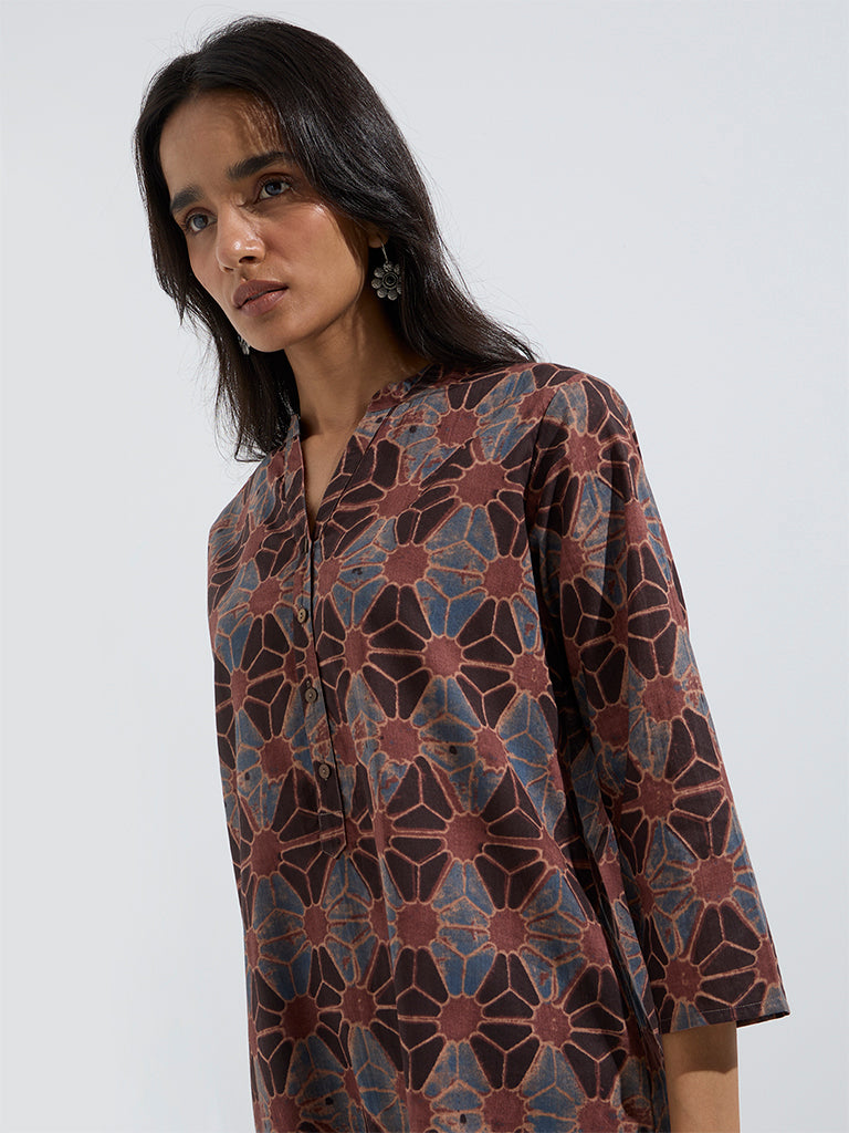 Utsa Rust Floral Printed Straight Cotton Kurta