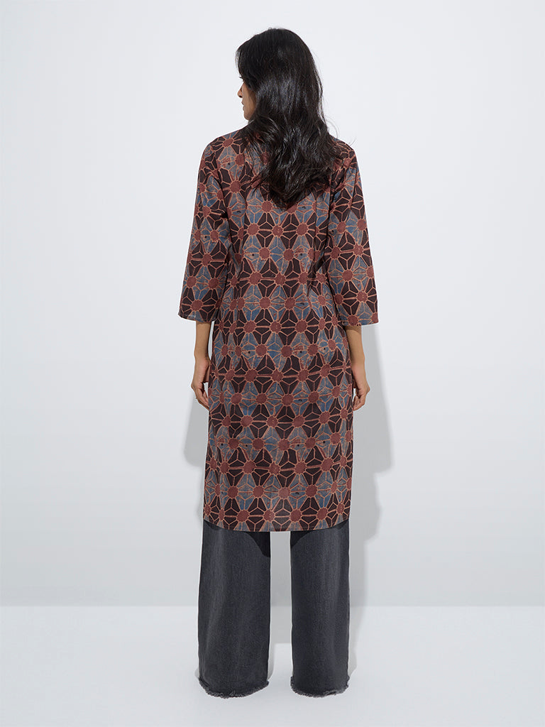 westisde Utsa Women's Rust Floral Printed Straight Cotton Kurta for Everyday Back View