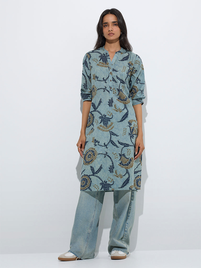 Utsa Blue Floral Printed Cotton Straight Kurta