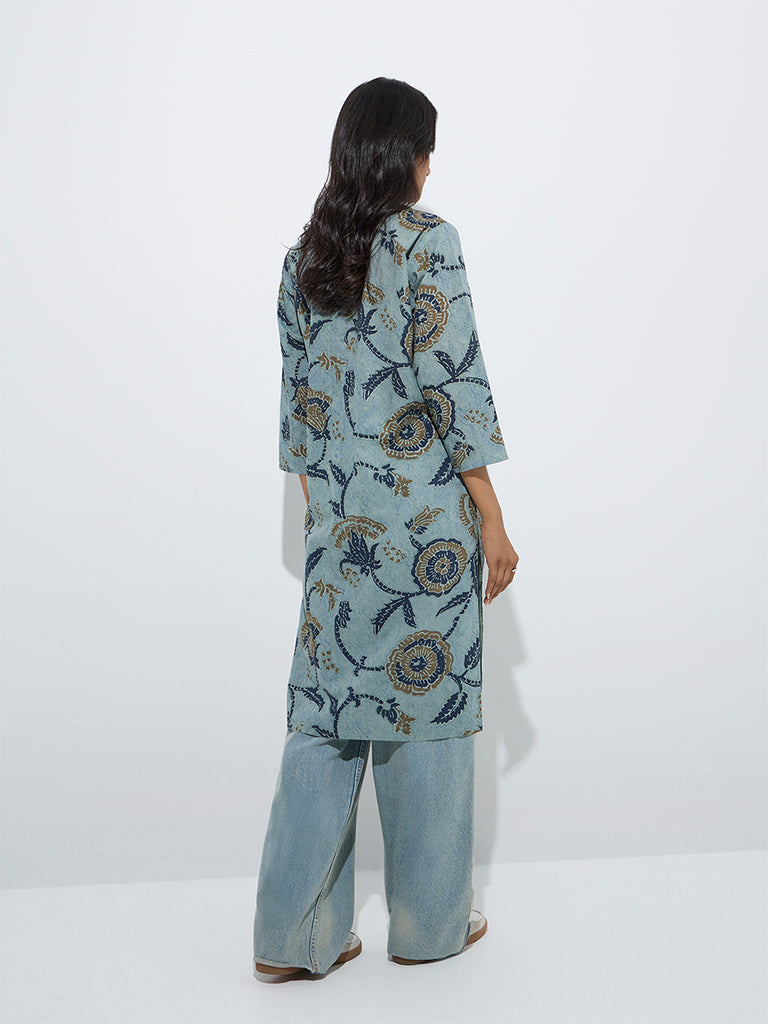 Utsa Blue Floral Printed Cotton Straight Kurta