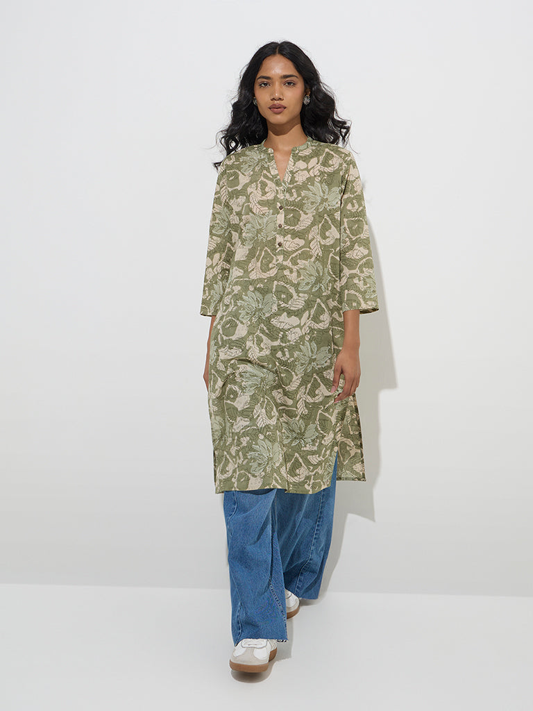 Utsa Sage Foliage Pattern Straight Cotton Kurta