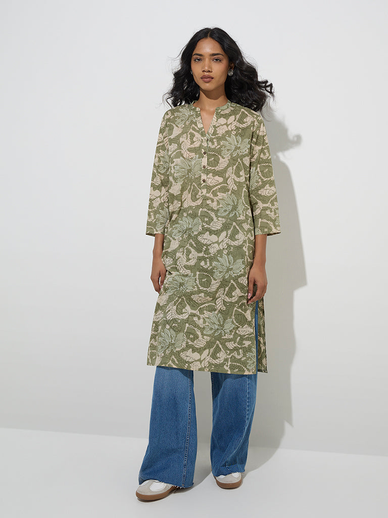 Utsa Sage Foliage Pattern Straight Cotton Kurta