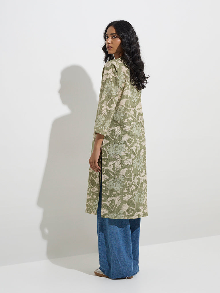 westisde Utsa Women's Sage Foliage Pattern Straight Cotton Kurta for Everyday Back View