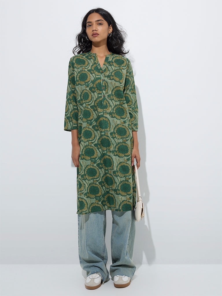 Utsa Green Floral Printed Straight Cotton Kurta