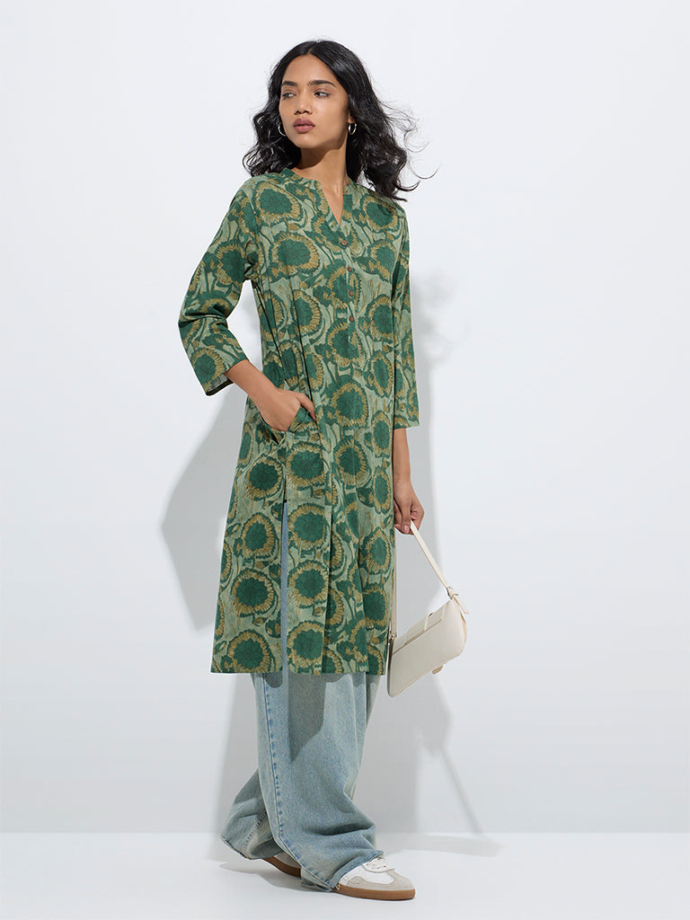 Utsa Green Floral Printed Straight Cotton Kurta