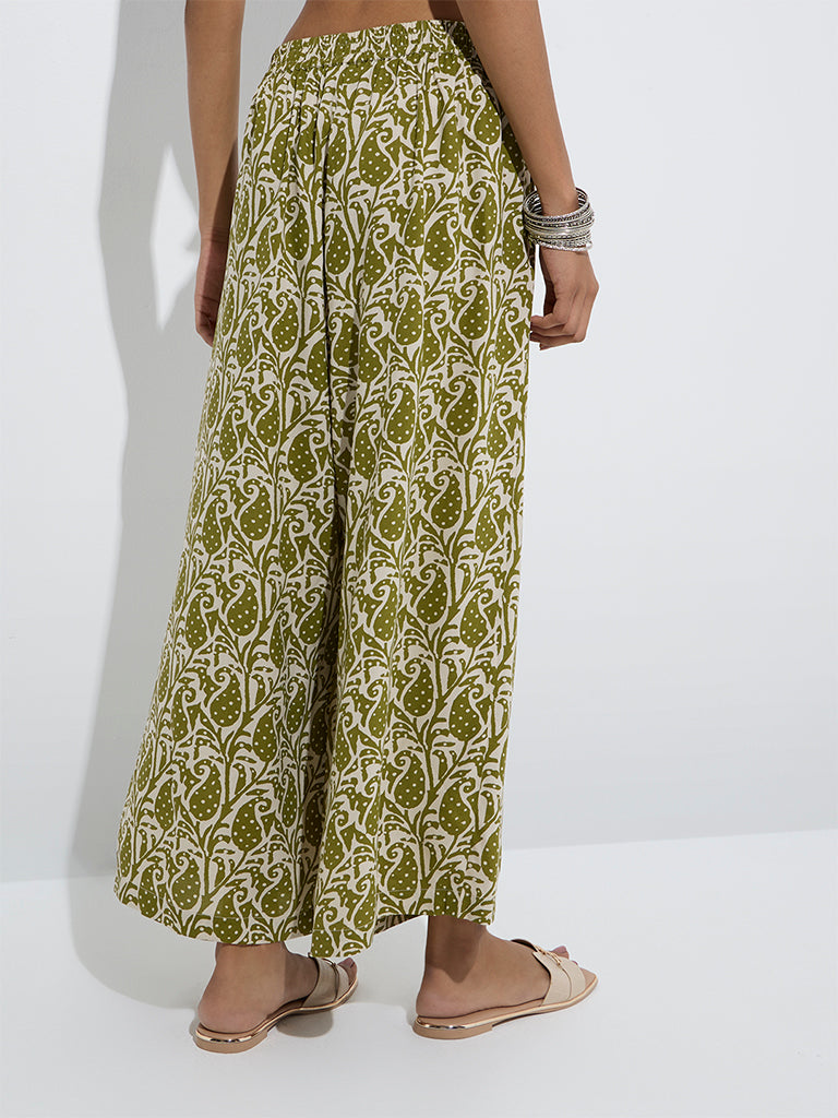 westisde Utsa Women's Olive Paisley Printed Palazzos for Everyday Back View