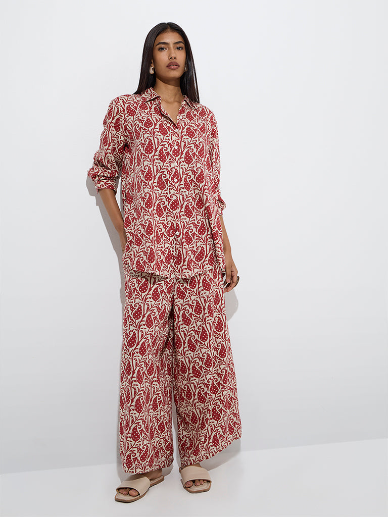 westisde Utsa Women's Red Paisley Printed Palazzos for Everyday Full Model View