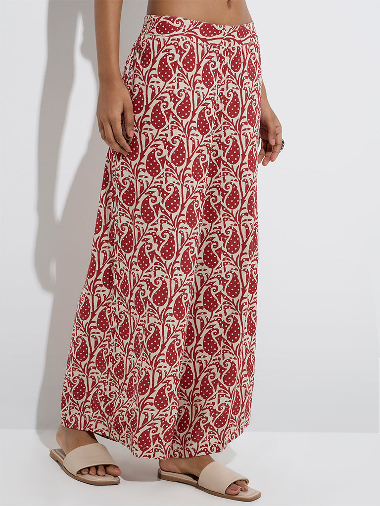 westisde Utsa Women's Red Paisley Printed Palazzos for Everyday Front View