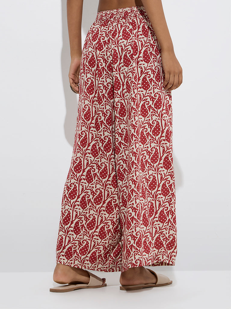 westisde Utsa Women's Red Paisley Printed Palazzos for Everyday Back View