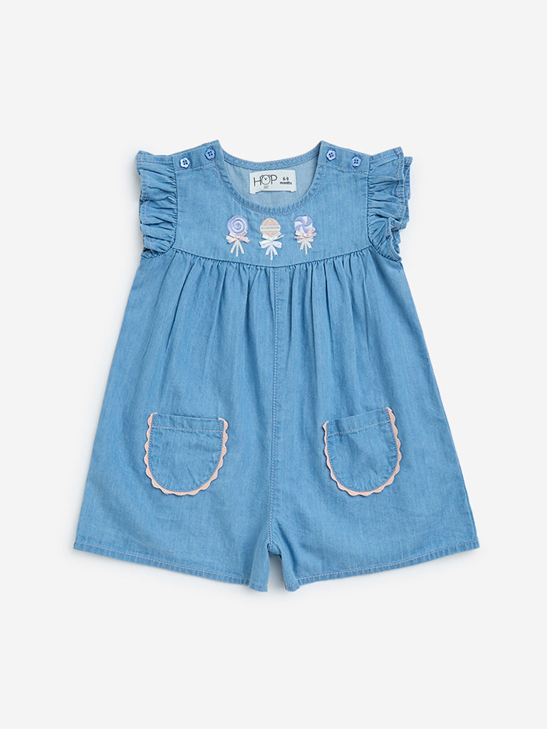 westisde HOP Baby Girls' Blue Embroidered Denim Playsuit for Casual Wear Front View