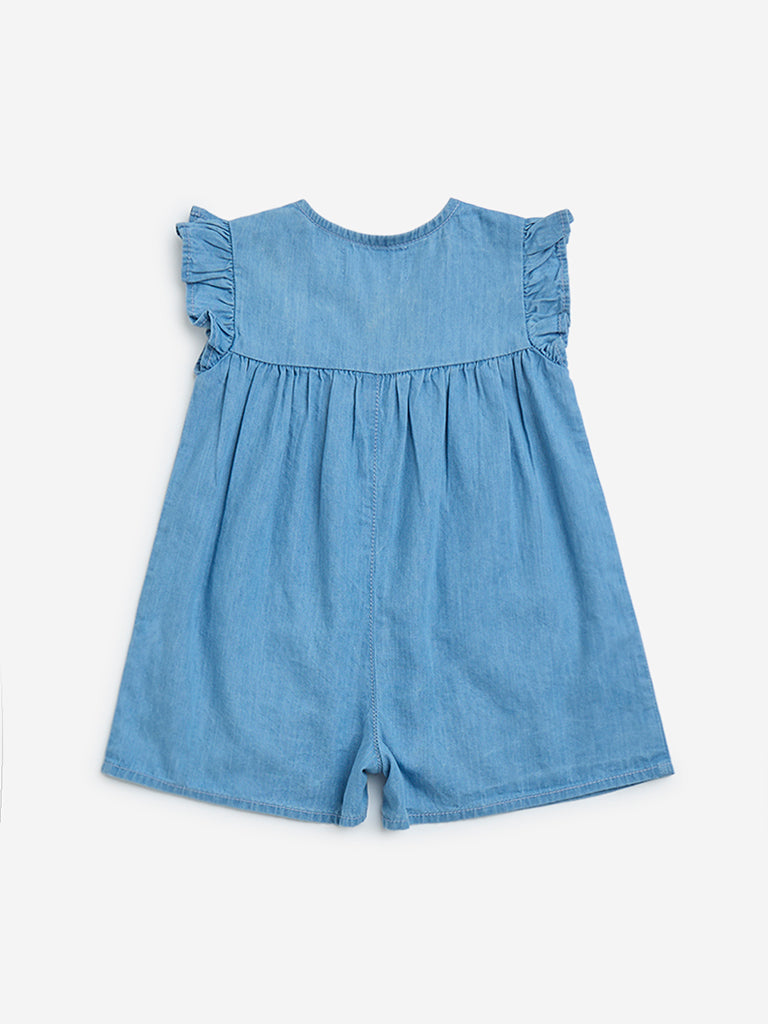 westisde HOP Baby Girls' Blue Embroidered Denim Playsuit for Casual Wear Back View