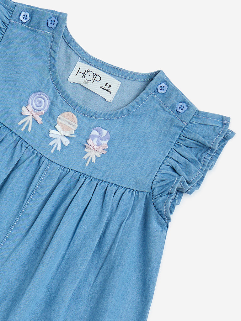 westisde HOP Baby Girls' Blue Embroidered Denim Playsuit for Casual Wear Zoom View