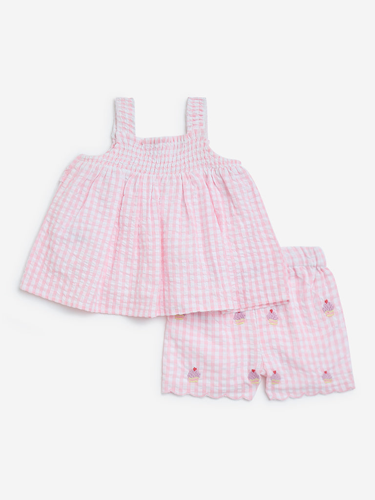 HOP Baby Pink Checkered Cotton Top with Shorts Set