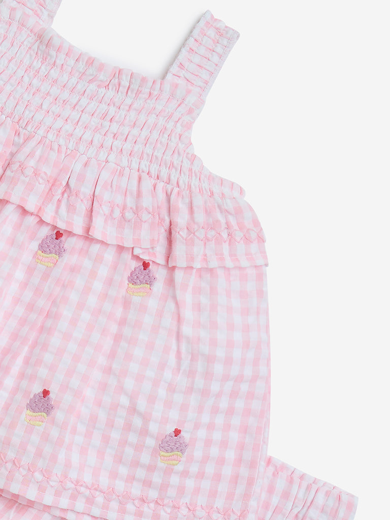 westisde HOP Baby Girls' Pink Checkered Cotton Top with Shorts Set for Casual Wear Zoom View