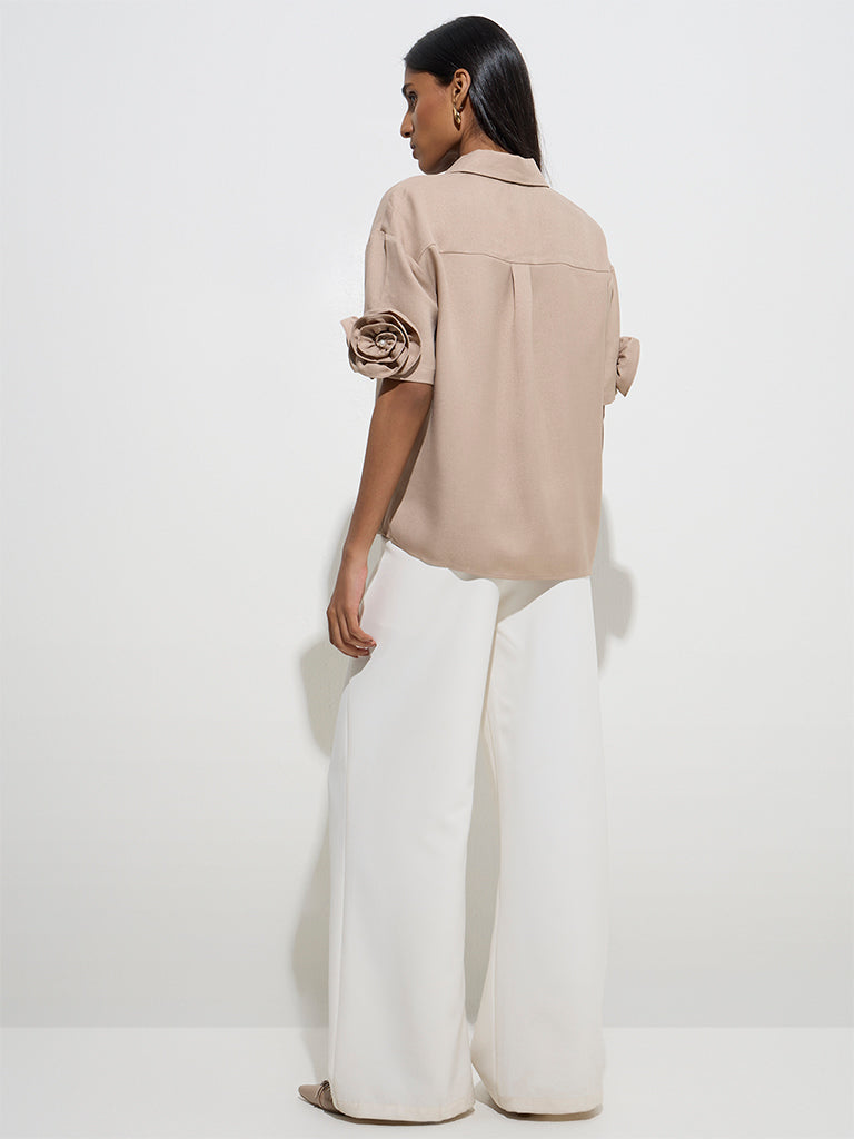 Westside Wardrobe Women's Beige Rosette Detailed Shirt for Work Wear Back View