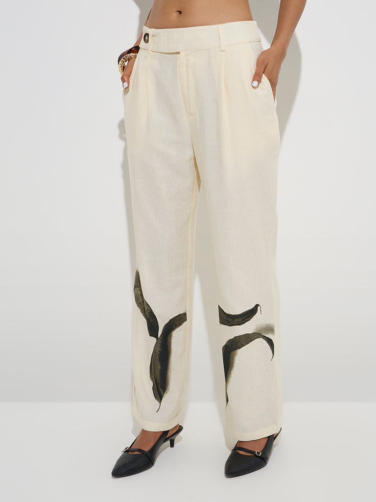 Wardrobe Cream Leaf Design Mid-Rise Trousers