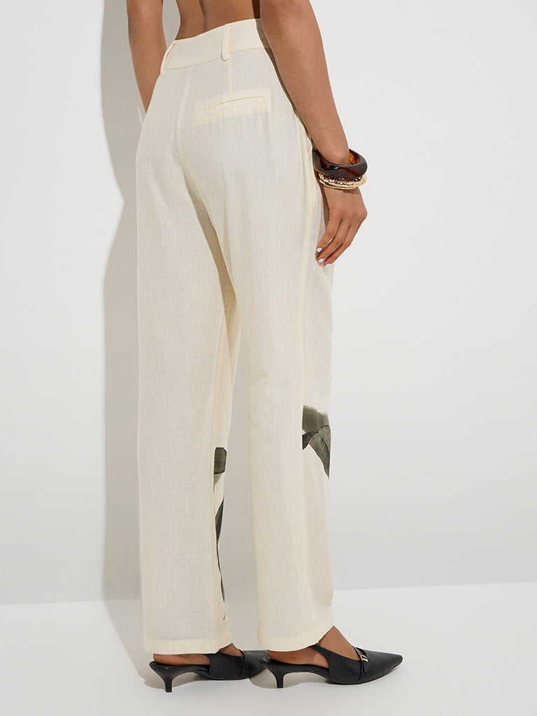 westisde Wardrobe Women's Cream Leaf Design Mid-Rise Trousers for Work Wear Back View
