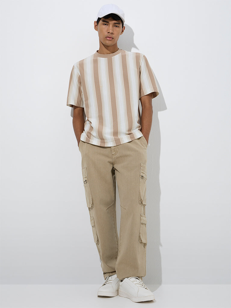 Nuon Brown Striped Relaxed-Fit Cotton-Blend T-Shirt